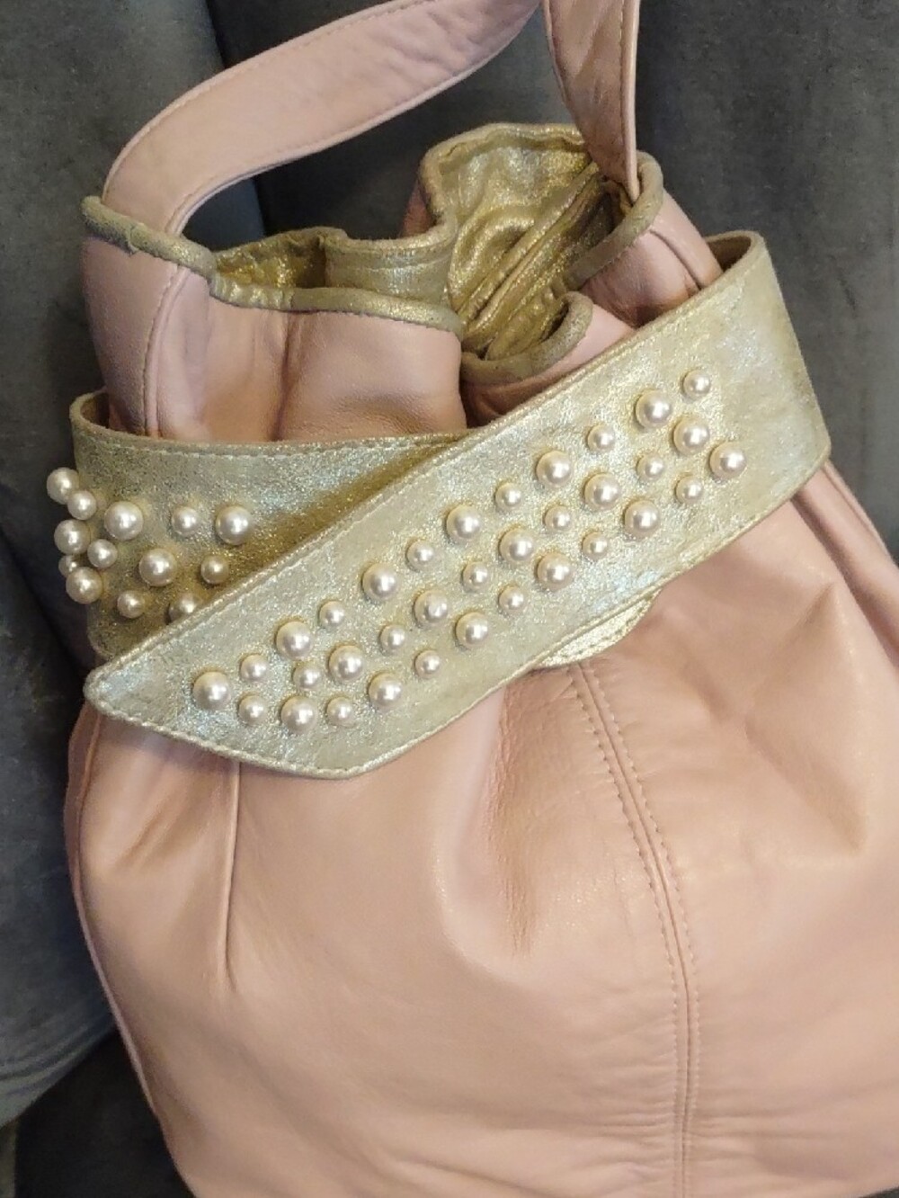 Blush Pink Viva Of California Leather Bucket Bag Pearl-Embellished Gold Flap - Picture 2 of 12